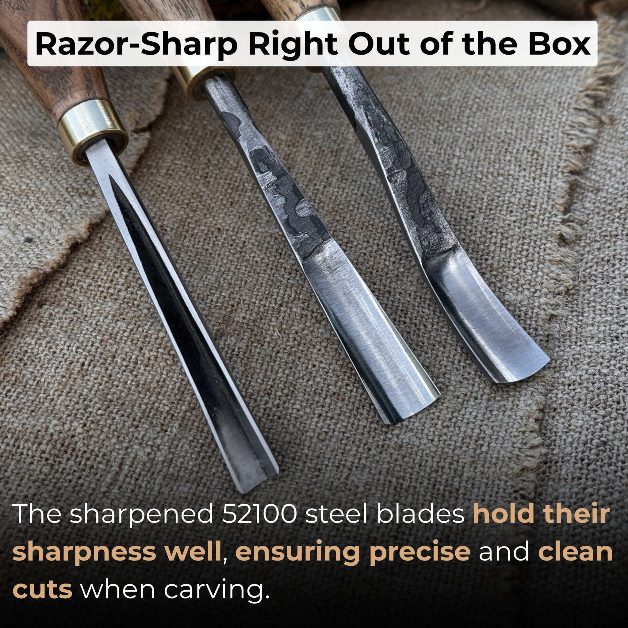 3-piece wood carving chisel and gouge set with ash wood handles and forged steel blades