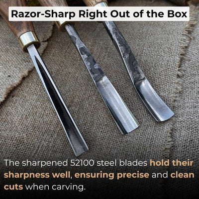 3-piece wood carving chisel and gouge set with ash wood handles and forged steel blades