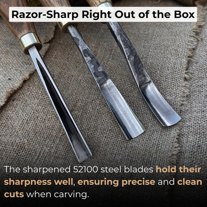 3-piece wood carving chisel and gouge set with ash wood handles and forged steel blades