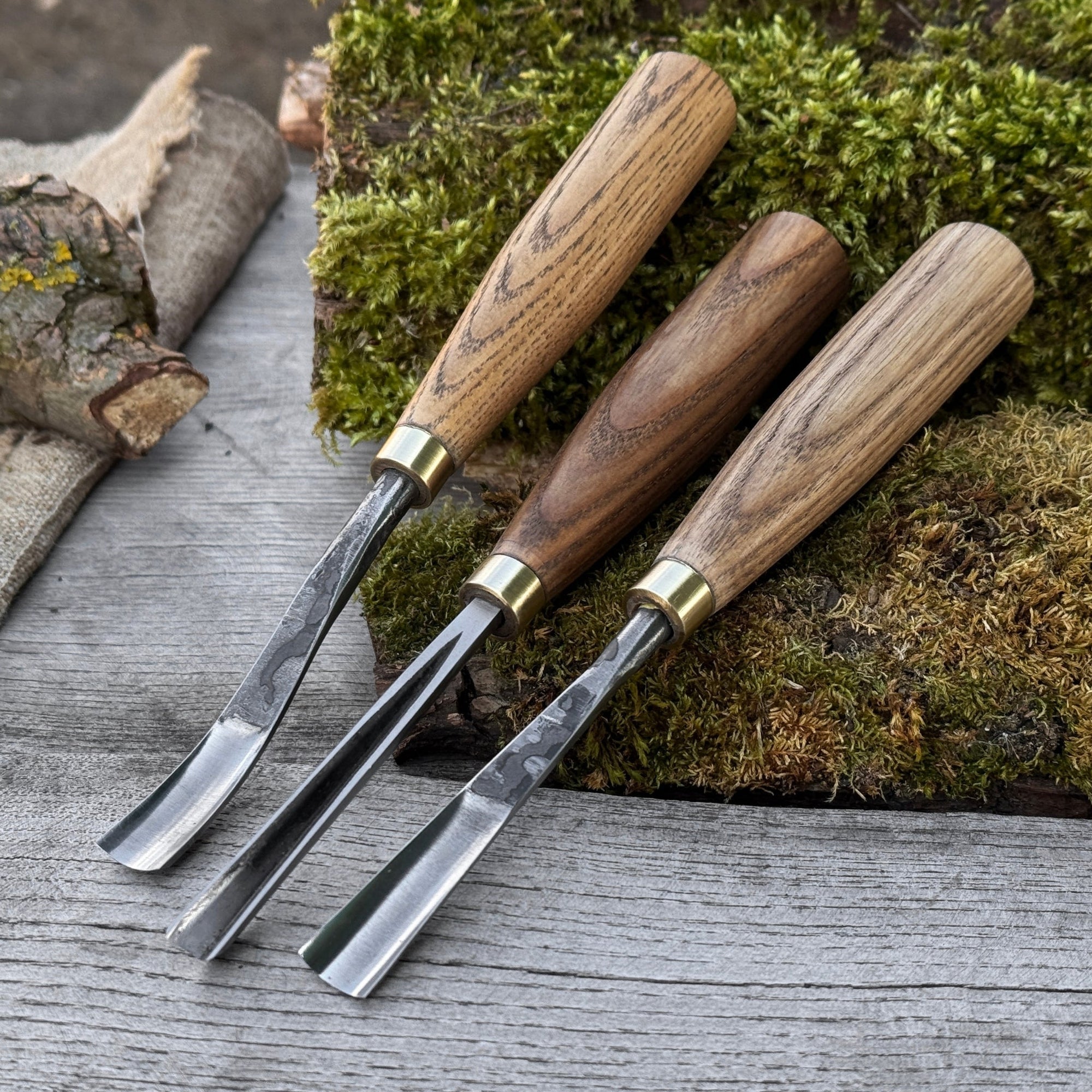 3-piece wood carving chisel and gouge set with ash wood handles and forged steel blades