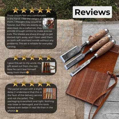 3-Piece Wood Carving Chisel Set with ash wood handles and carbon steel blades
