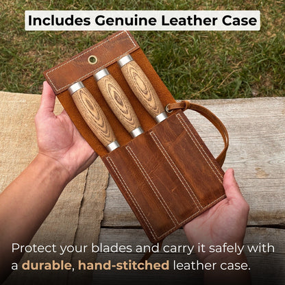 3-Piece Wood Carving Chisel Set with ash wood handles and carbon steel blades