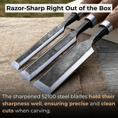 3-Piece Wood Carving Chisel Set with ash wood handles and carbon steel blades