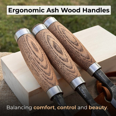 3-Piece Wood Carving Chisel Set with ash wood handles and carbon steel blades