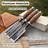 3-Piece Wood Carving Chisel Set with ash wood handles and carbon steel blades