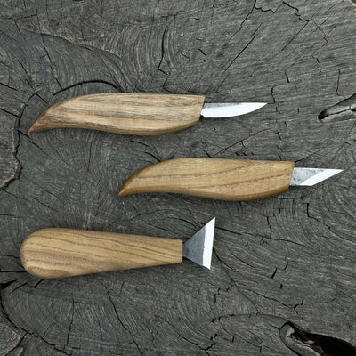 3-Piece Wood Carving Knife Set with hand-forged blades and ash wood handles