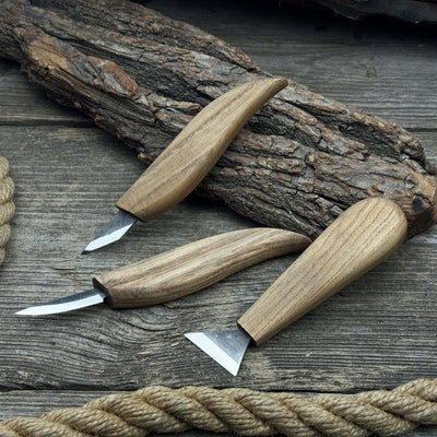 3-Piece Wood Carving Knife Set with hand-forged blades and ash wood handles