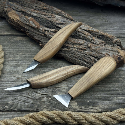 3-Piece Wood Carving Knife Set with hand-forged blades and ash wood handles