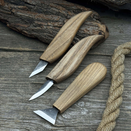 3-Piece Wood Carving Knife Set with hand-forged blades and ash wood handles