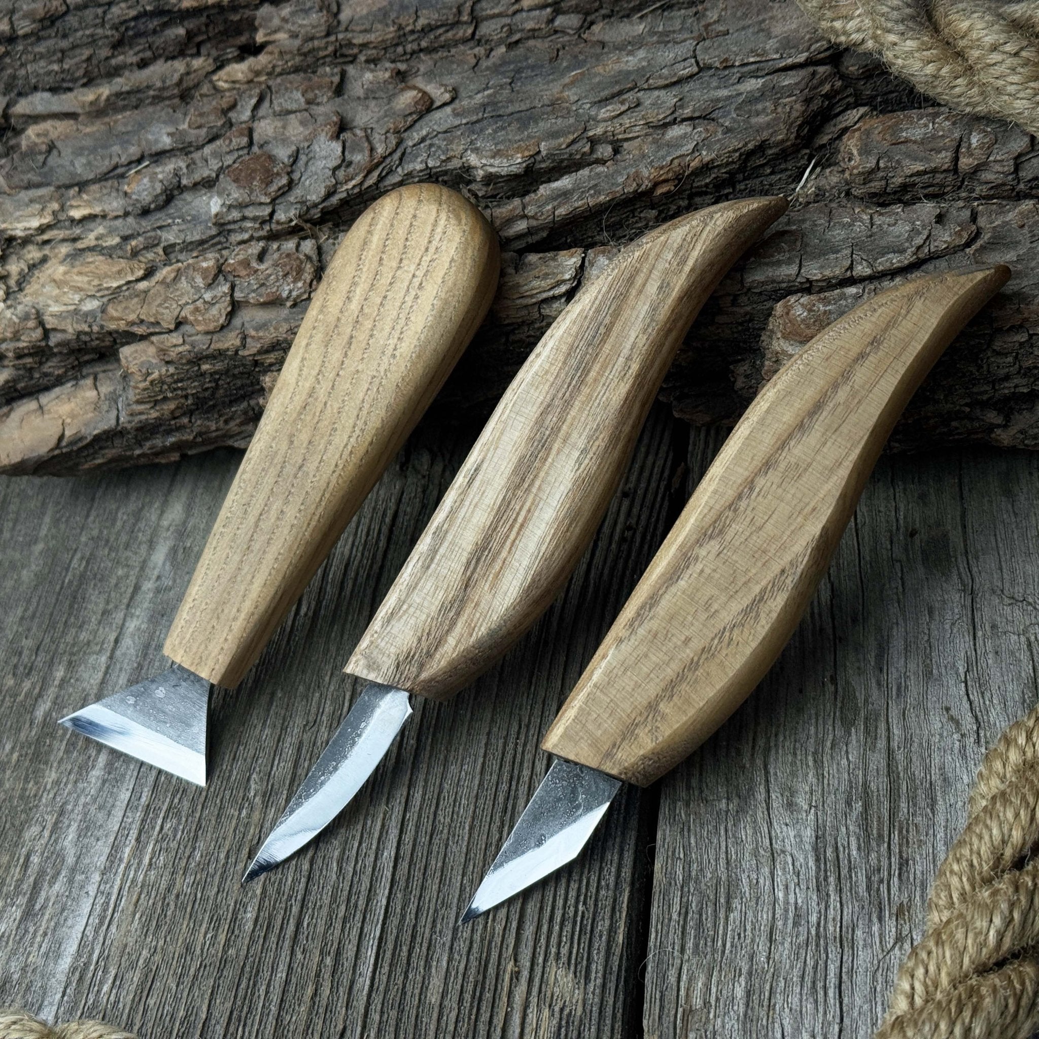 3-Piece Wood Carving Knife Set with hand-forged blades and ash wood handles