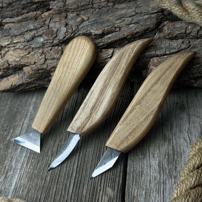 3-Piece Wood Carving Knife Set with hand-forged blades and ash wood handles