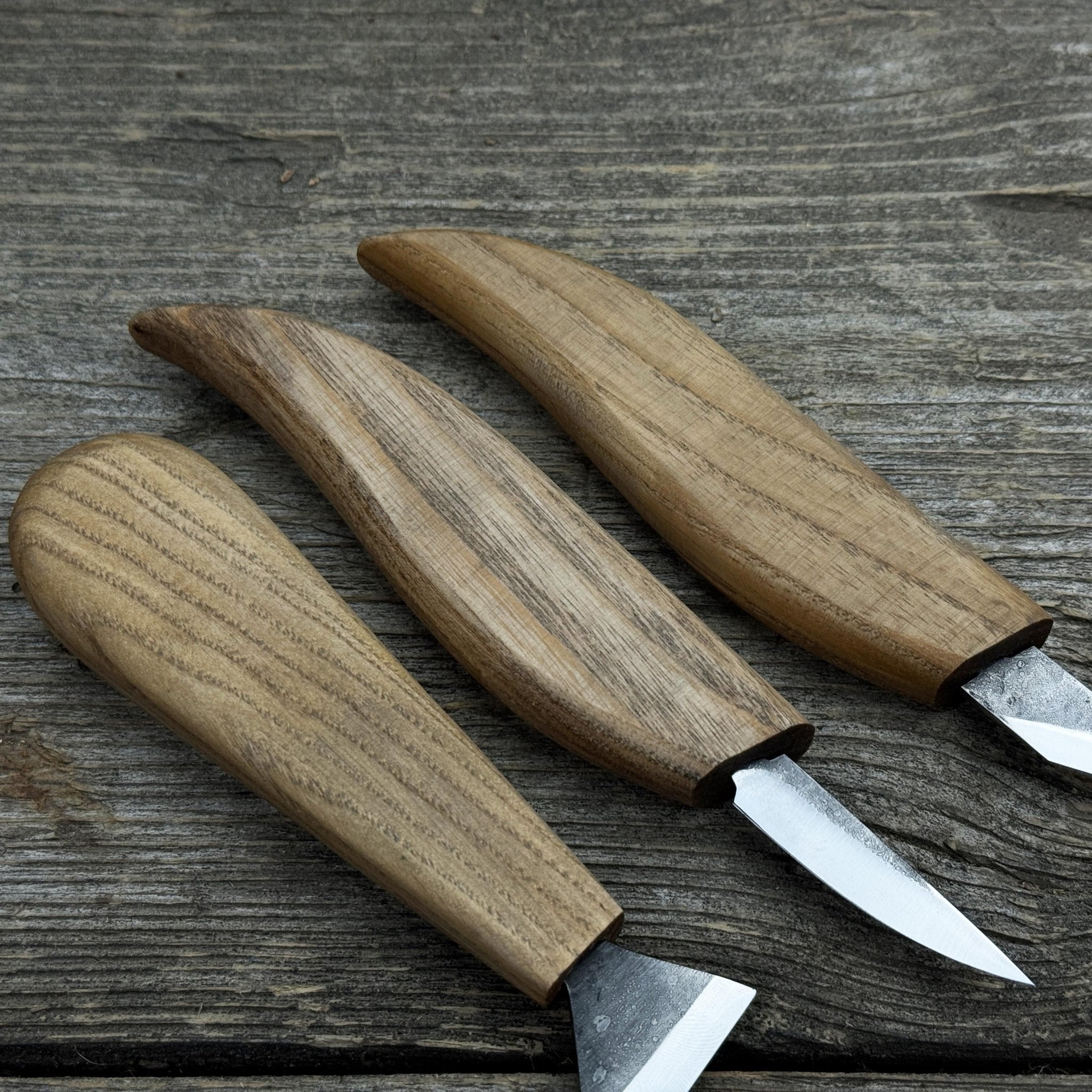 3-Piece Wood Carving Knife Set with hand-forged blades and ash wood handles