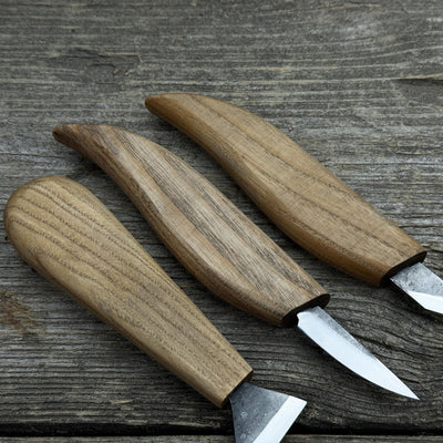 3-Piece Wood Carving Knife Set with hand-forged blades and ash wood handles