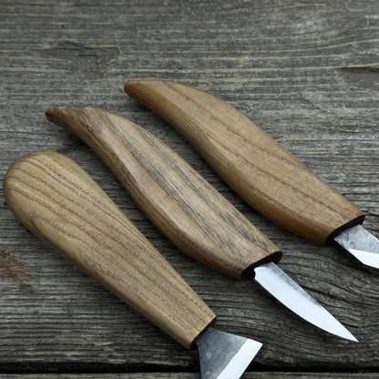 3-Piece Wood Carving Knife Set with hand-forged blades and ash wood handles