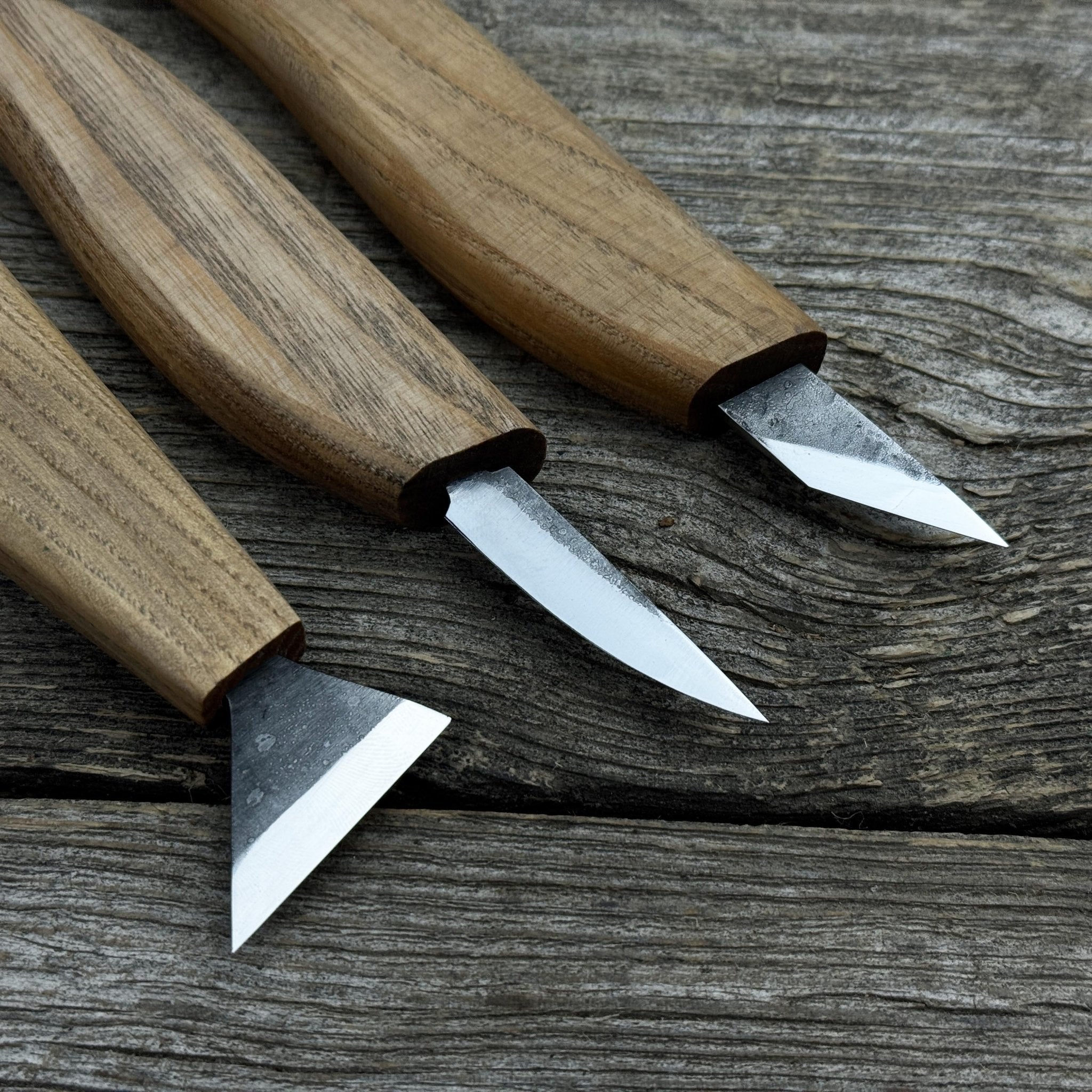 3-Piece Wood Carving Knife Set with hand-forged blades and ash wood handles