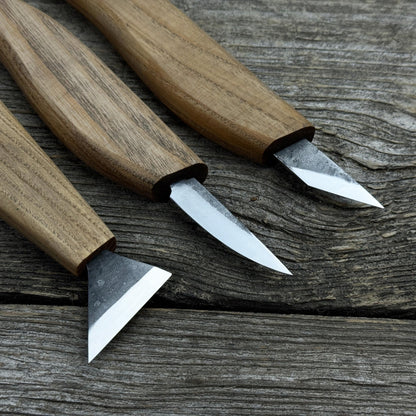 3-Piece Wood Carving Knife Set with hand-forged blades and ash wood handles