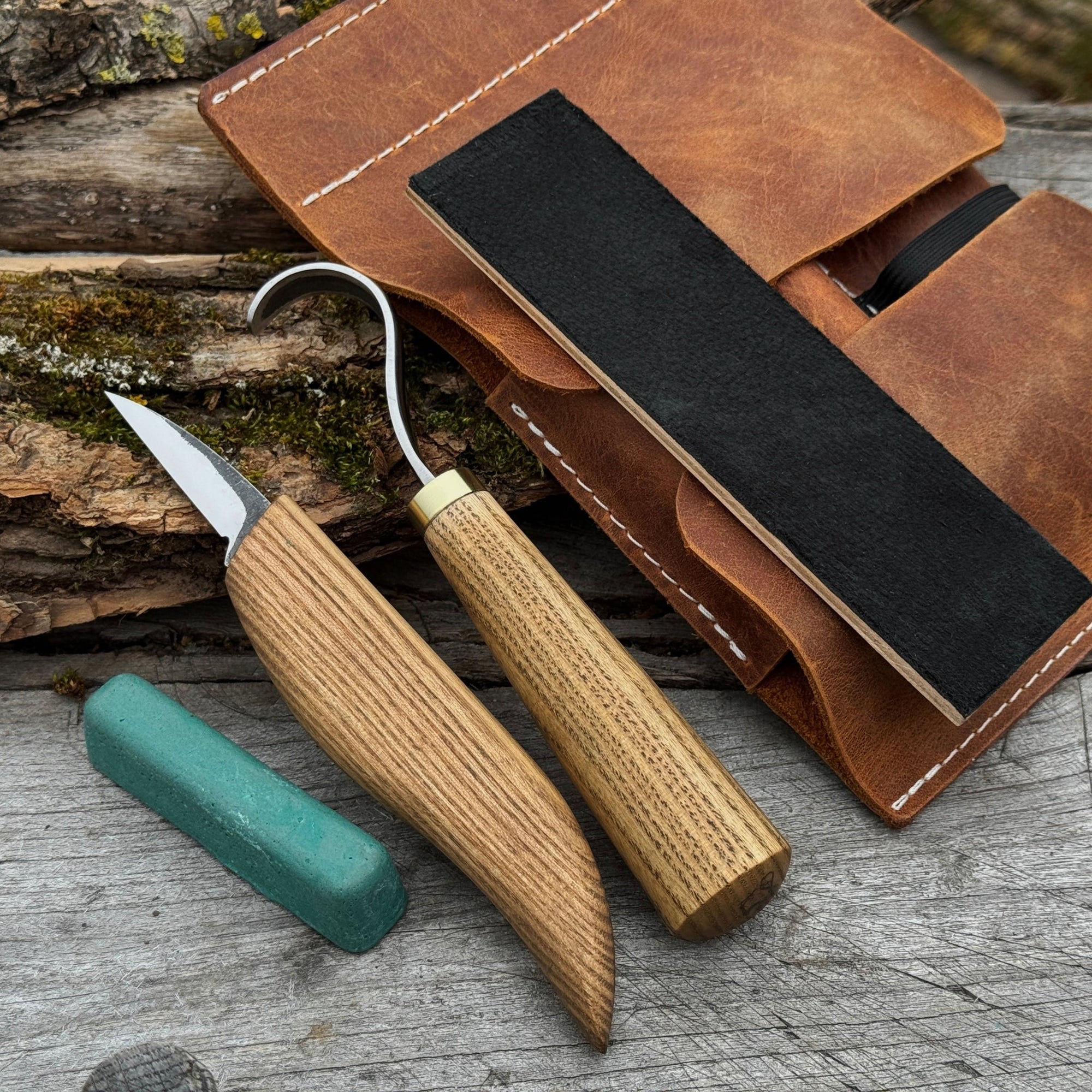 3-piece wood carving knife set with whittling knife, hook knife, and leather strop by Sharky Forged Steel Tools
