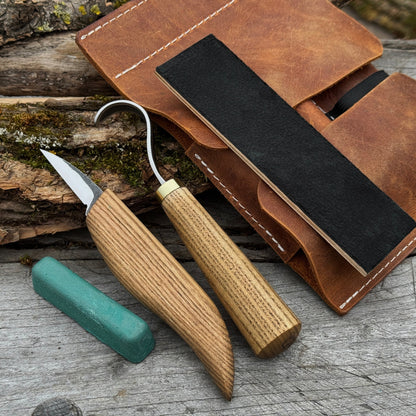 3-piece wood carving knife set with whittling knife, hook knife, and leather strop by Sharky Forged Steel Tools