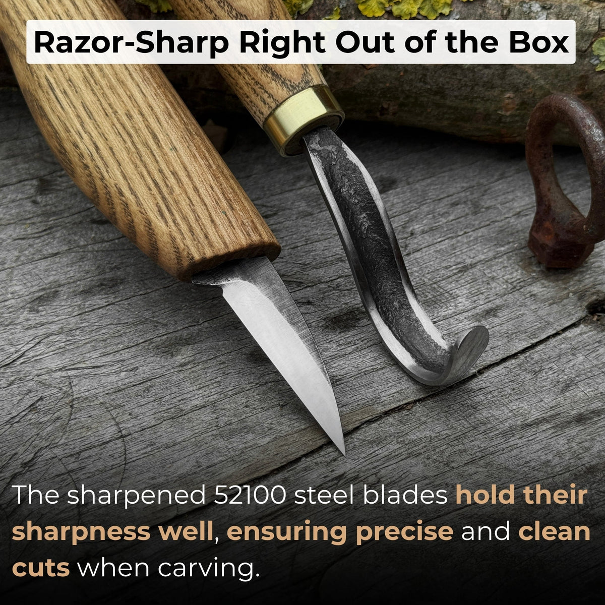 3-piece wood carving knife set with whittling knife, hook knife, and leather strop by Sharky Forged Steel Tools