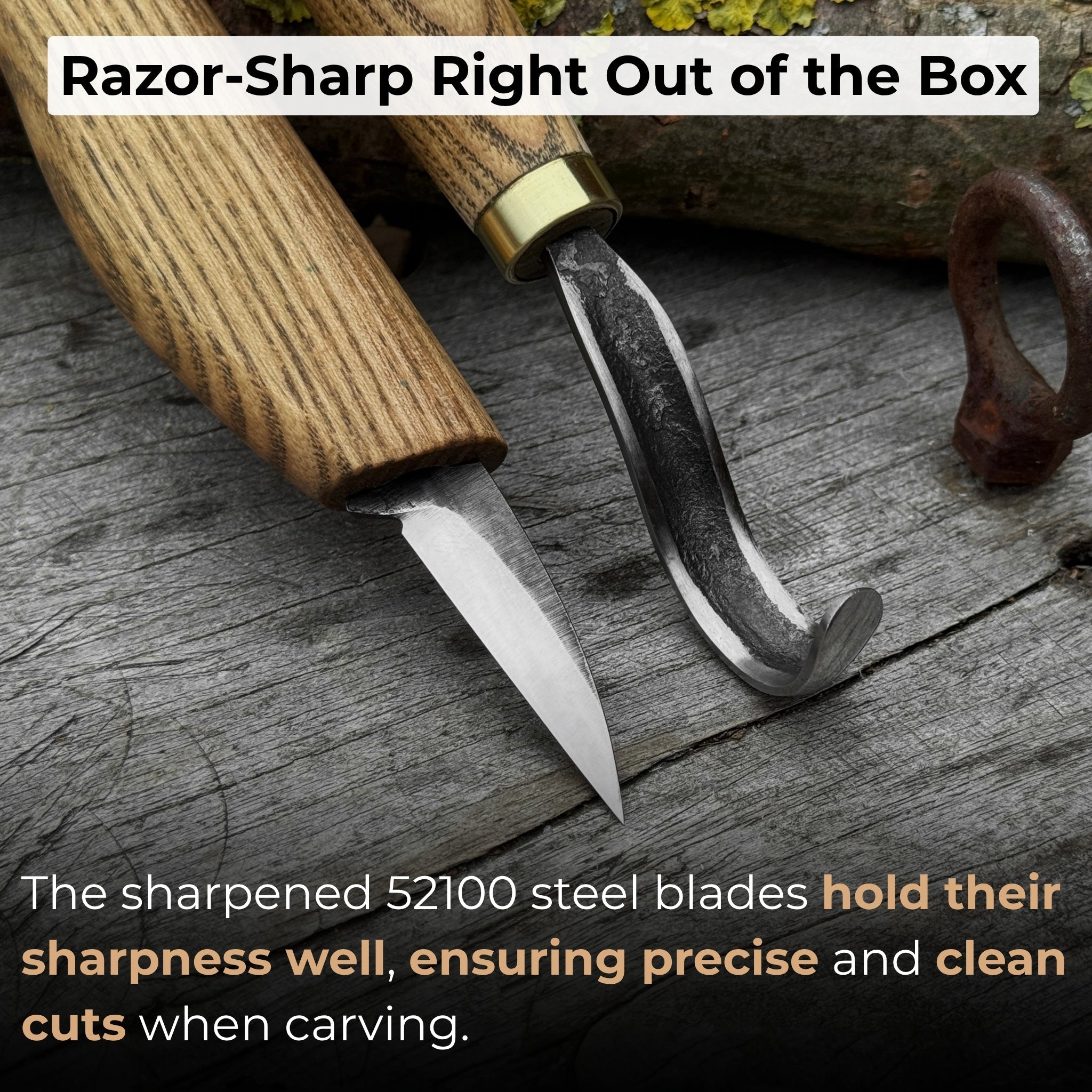 3-piece wood carving knife set with whittling knife, hook knife, and leather strop by Sharky Forged Steel Tools