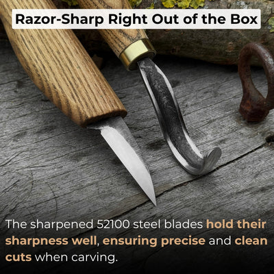 3-piece wood carving knife set with whittling knife, hook knife, and leather strop by Sharky Forged Steel Tools