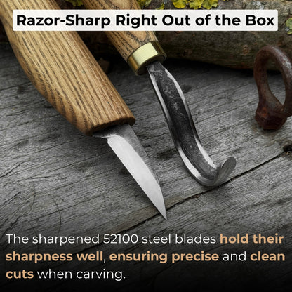 3-piece wood carving knife set with whittling knife, hook knife, and leather strop by Sharky Forged Steel Tools