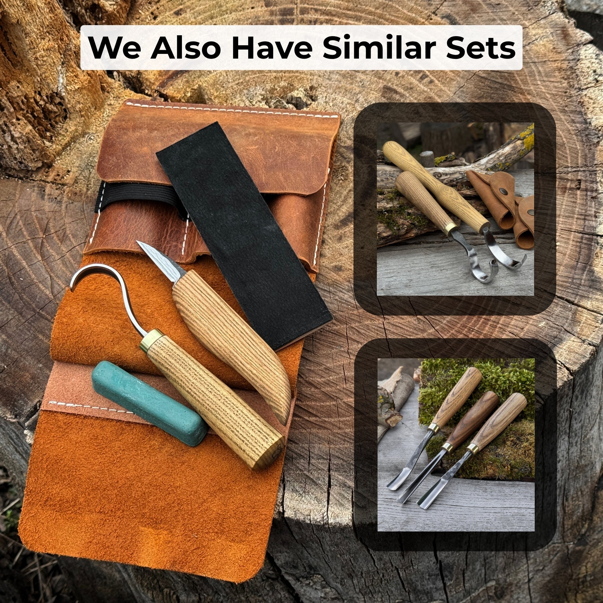 3-piece wood carving knife set with whittling knife, hook knife, and leather strop by Sharky Forged Steel Tools