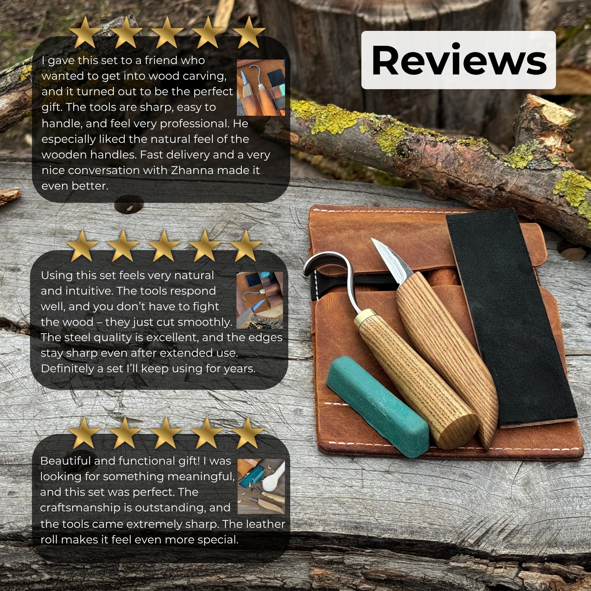 3-piece wood carving knife set with whittling knife, hook knife, and leather strop by Sharky Forged Steel Tools