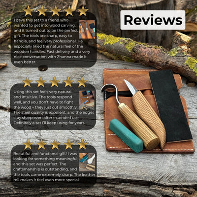 3-piece wood carving knife set with whittling knife, hook knife, and leather strop by Sharky Forged Steel Tools
