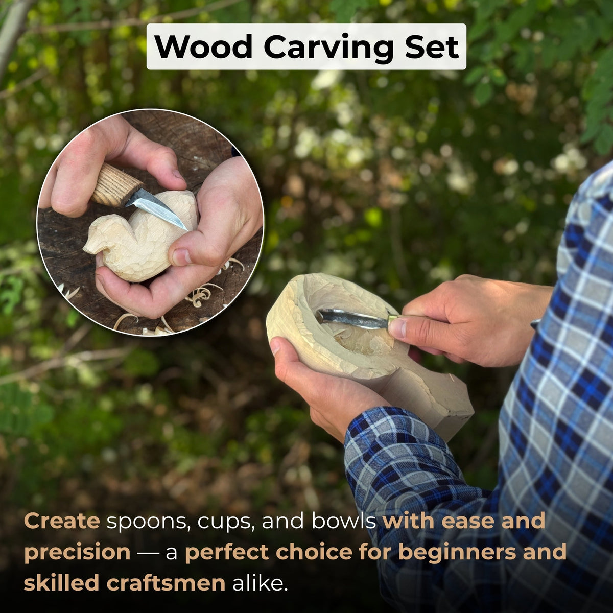 3-piece wood carving knife set with whittling knife, hook knife, and leather strop by Sharky Forged Steel Tools