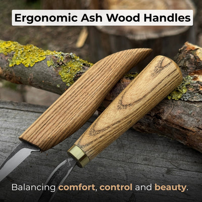 3-piece wood carving knife set with whittling knife, hook knife, and leather strop by Sharky Forged Steel Tools