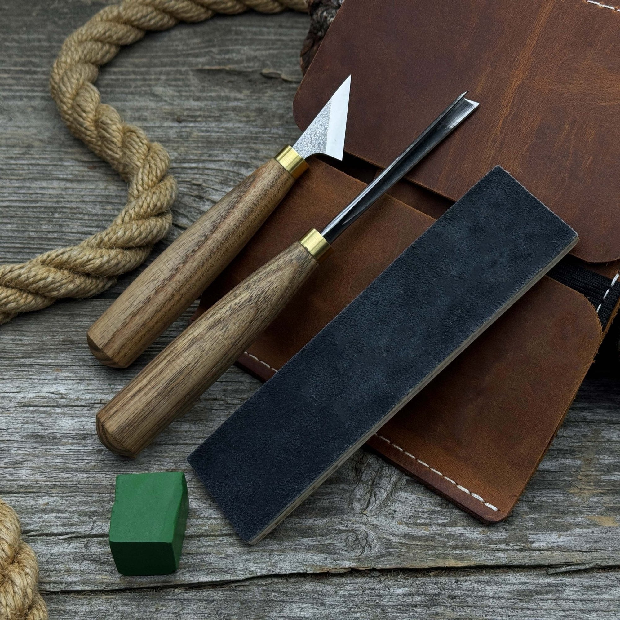 3-piece wood carving tool set with leather case including chip carving knife, V-parting chisel, and leather strop