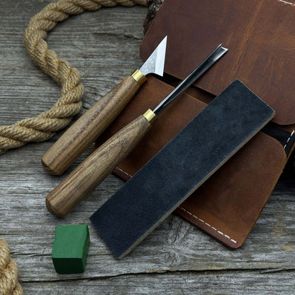 3-piece wood carving tool set with leather case including chip carving knife, V-parting chisel, and leather strop