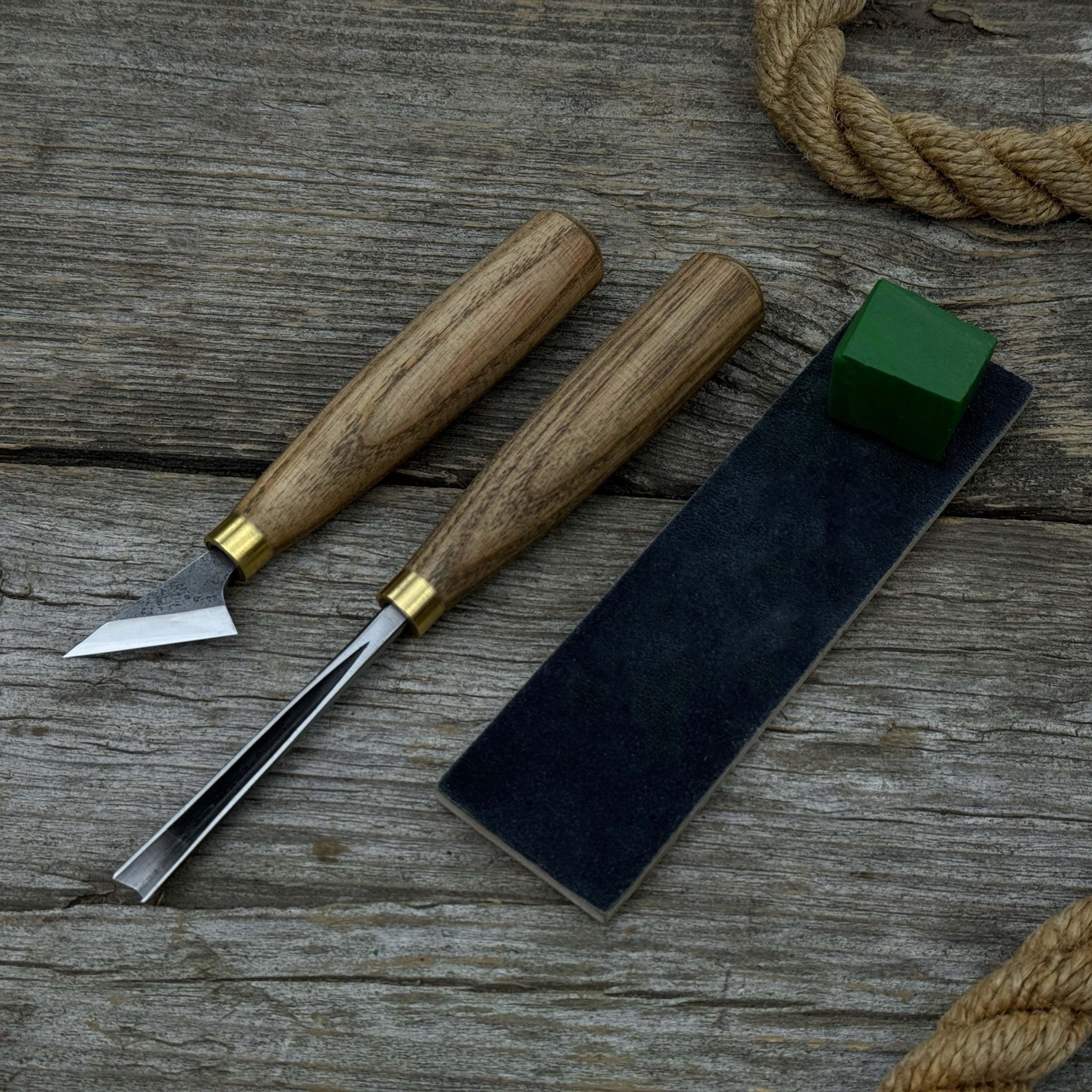 3-piece wood carving tool set with leather case including chip carving knife, V-parting chisel, and leather strop