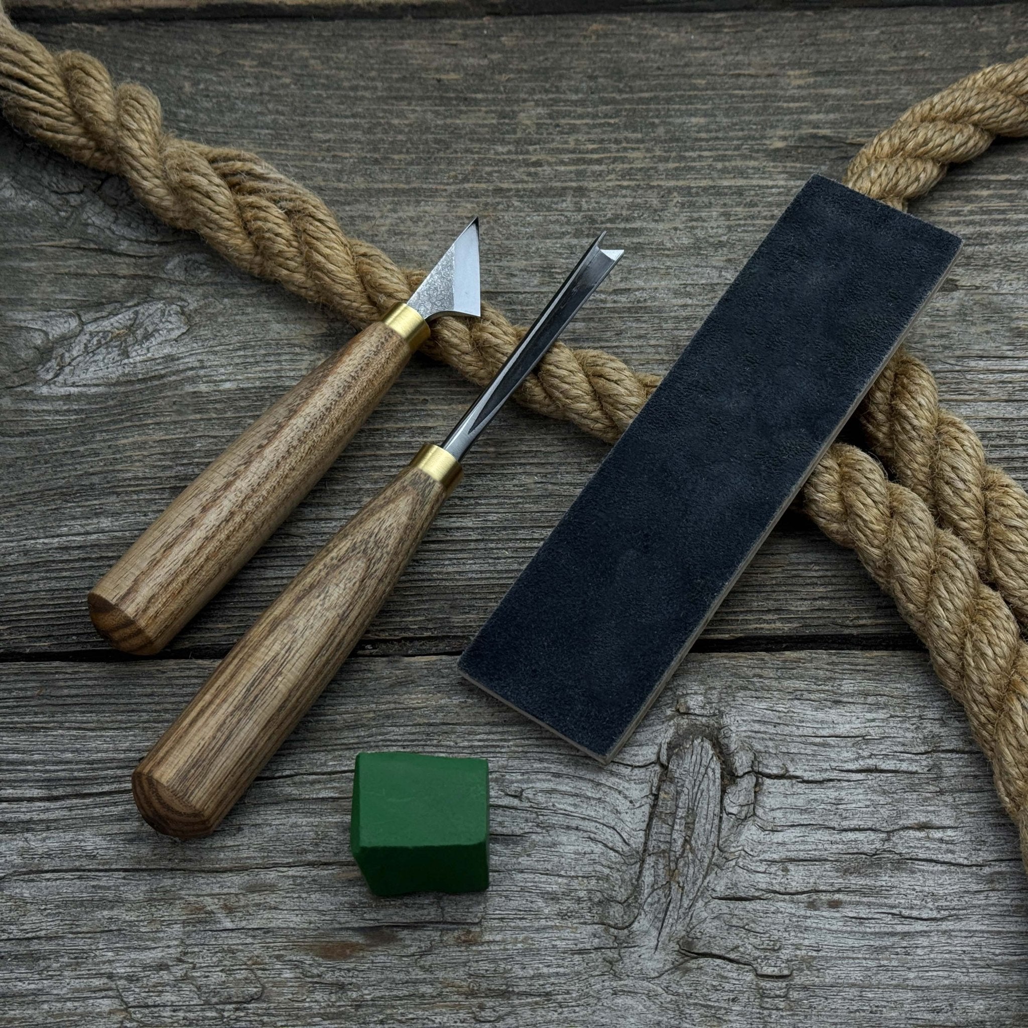 3-piece wood carving tool set with leather case including chip carving knife, V-parting chisel, and leather strop