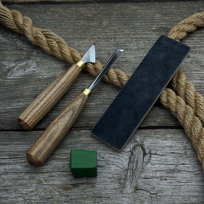 3-piece wood carving tool set with leather case including chip carving knife, V-parting chisel, and leather strop