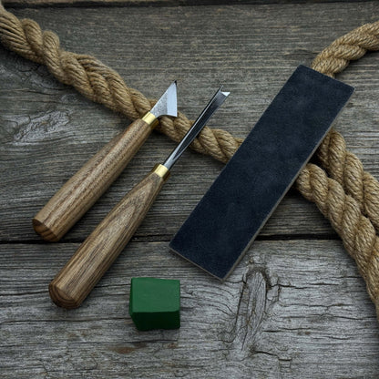 3-piece wood carving tool set with leather case including chip carving knife, V-parting chisel, and leather strop