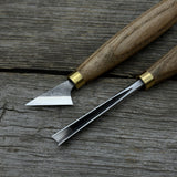 3-piece wood carving tool set with leather case including chip carving knife, V-parting chisel, and leather strop