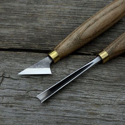 3-piece wood carving tool set with leather case including chip carving knife, V-parting chisel, and leather strop