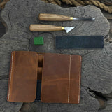 3-piece wood carving tool set with leather case including chip carving knife, V-parting chisel, and leather strop