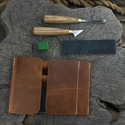 3-piece wood carving tool set with leather case including chip carving knife, V-parting chisel, and leather strop