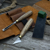 3-piece wood carving tool set with leather case including chip carving knife, V-parting chisel, and leather strop