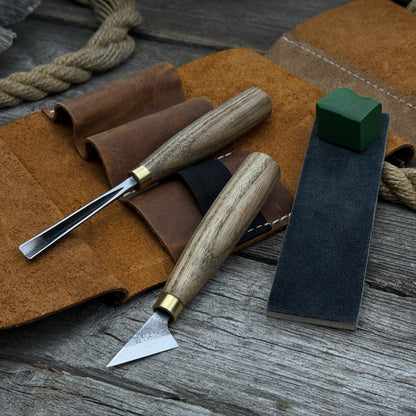 3-piece wood carving tool set with leather case including chip carving knife, V-parting chisel, and leather strop