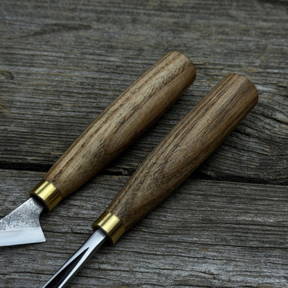 3-piece wood carving tool set with leather case including chip carving knife, V-parting chisel, and leather strop