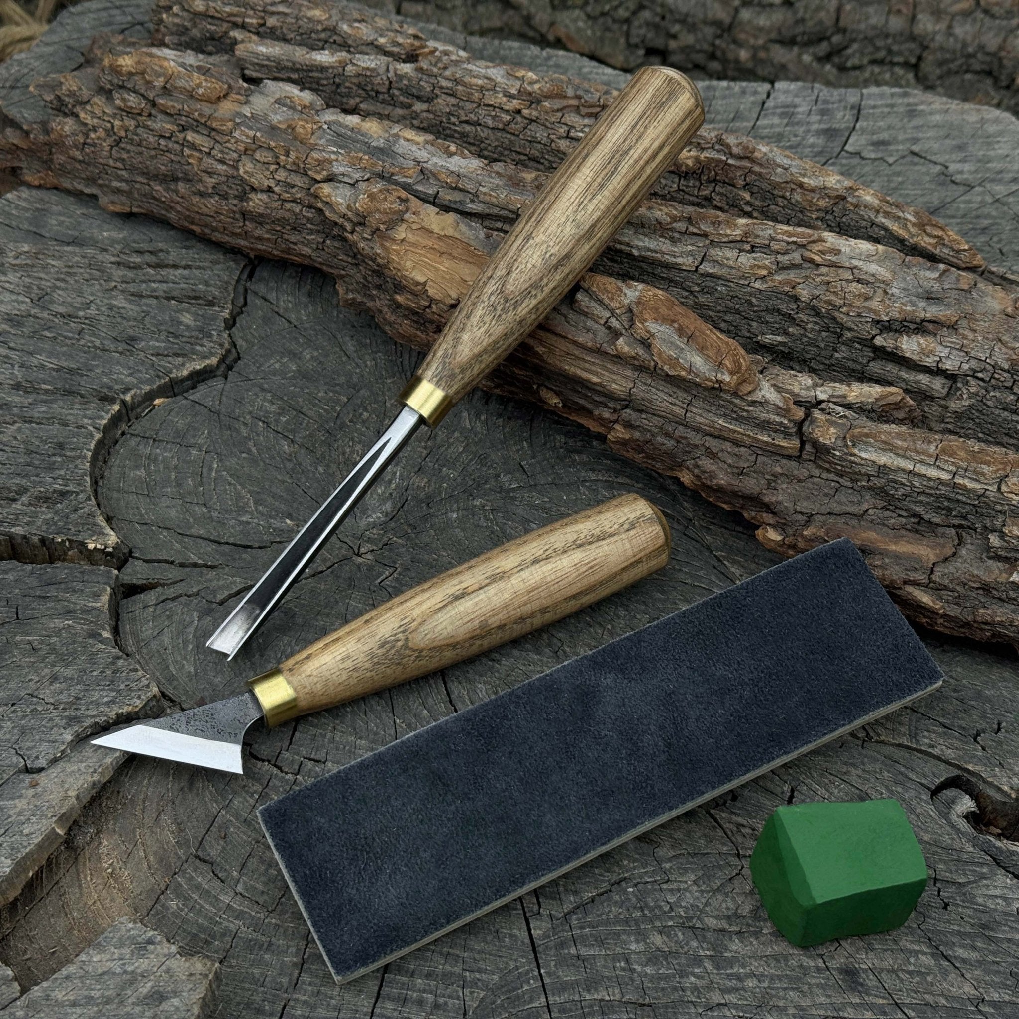 3-piece wood carving tool set with leather strop including chip carving knife and V-parting chisel