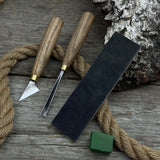 3-piece wood carving tool set with leather strop including chip carving knife and V-parting chisel