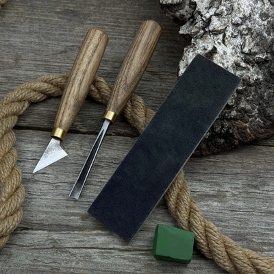 3-piece wood carving tool set with leather strop including chip carving knife and V-parting chisel