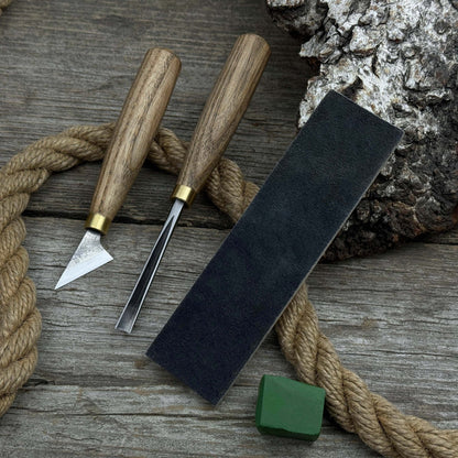 3-piece wood carving tool set with leather strop including chip carving knife and V-parting chisel