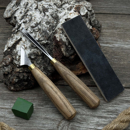 3-piece wood carving tool set with leather strop including chip carving knife and V-parting chisel