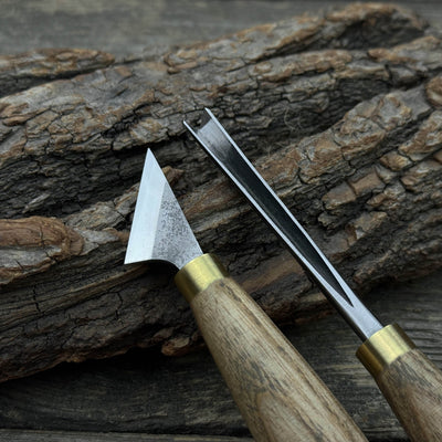 3-piece wood carving tool set with leather strop including chip carving knife and V-parting chisel